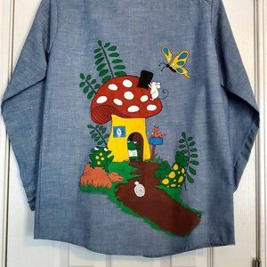 Vintage 70s Girls 14 Cottagecore Handpainted Mushroom Chambray Button-down Shirt
